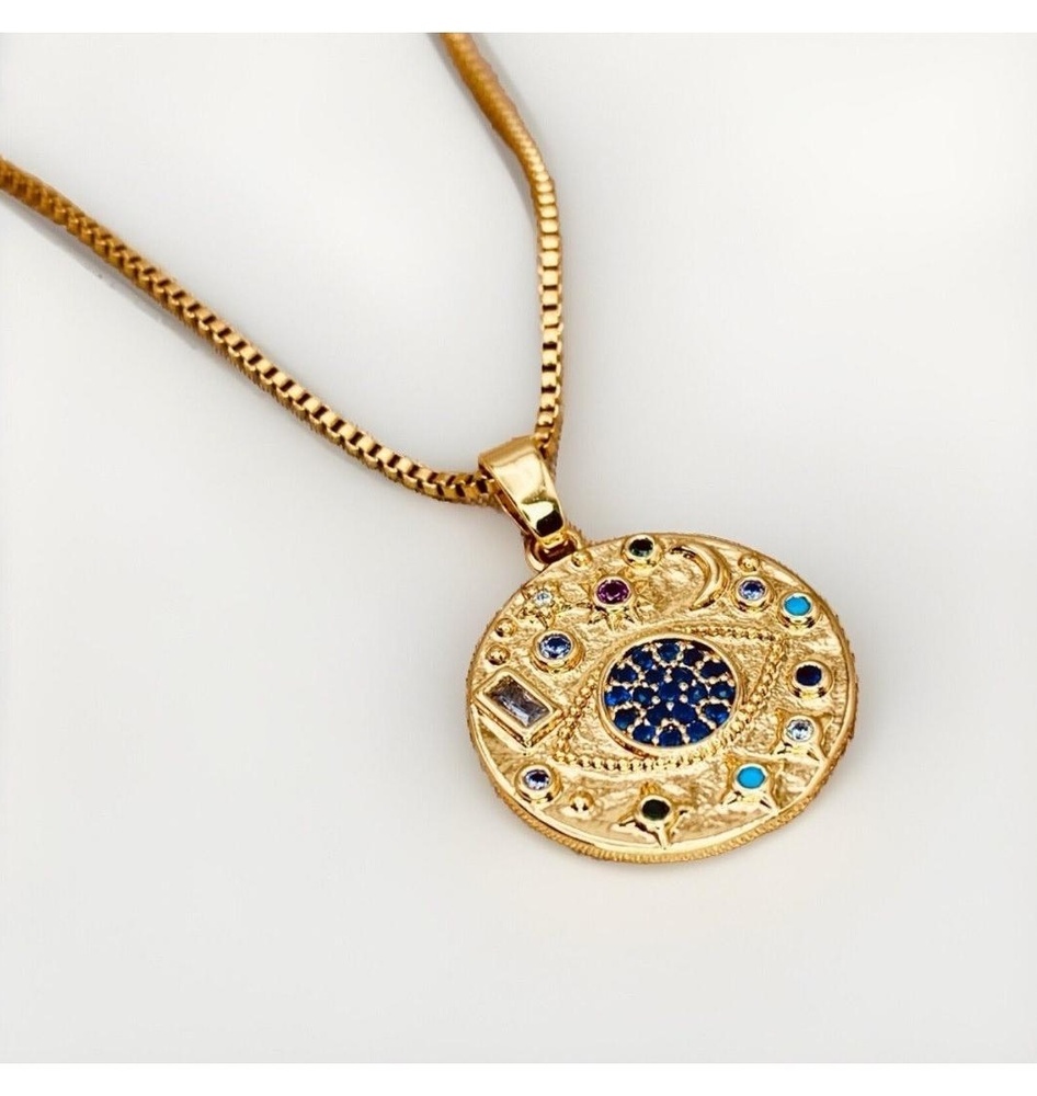 Gold Plated Evil Eye Circular medallion Pendant Necklace stainless steel jewelry - Picture 1 of 5